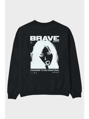 Ankhises Brave Arka Baskılı Siyah Oversize Sweatshirt Erkek Kadın Bisiklet Yaka