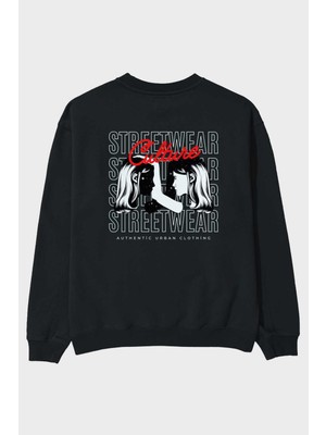 Ankhises Culture Streetwear Yazılı Arka Baskılı Siyah Oversize Sweatshirt Erkek Kadın Bisiklet Yaka