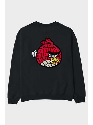 Ankhises Bird With Anger Arka Baskılı Siyah Oversize Sweatshirt Erkek Kadın Bisiklet Yaka