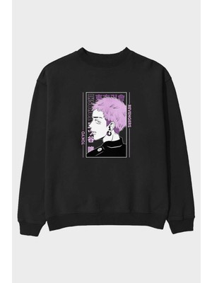 Ankhises Takashi Mitsuya Anime Ön Baskılı Siyah Oversize Sweatshirt Erkek Kadın Bisiklet Yaka