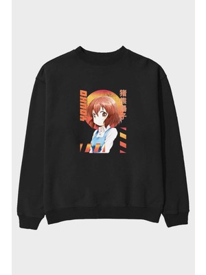 Ankhises Youko Inokuma 5 Anime Ön Baskılı Siyah Oversize Sweatshirt Erkek Kadın Bisiklet Yaka