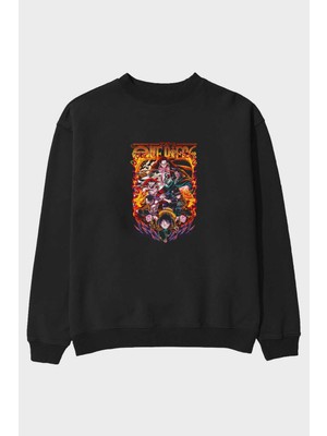 Ankhises One Pıece (3) Anime Ön Baskılı Siyah Oversize Sweatshirt Erkek Kadın Bisiklet Yaka