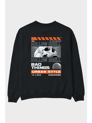 Ankhises Hollow Shell Arka Baskılı Siyah Oversize Sweatshirt Erkek Kadın Bisiklet Yaka