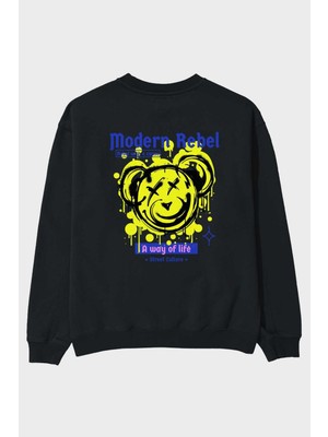 Ankhises Modern Rebel Bear Arka Baskılı Siyah Oversize Sweatshirt Erkek Kadın Bisiklet Yaka