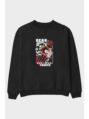 Ankhises Luffy Gear Fourth Anime Ön Baskılı Siyah Oversize Sweatshirt Erkek Kadın Bisiklet Yaka