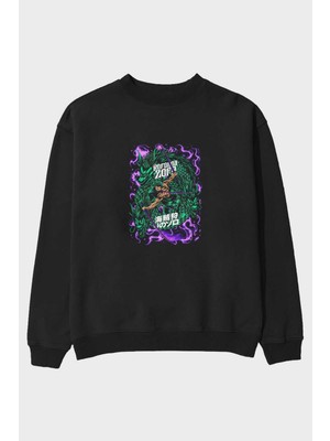 Ankhises Roronoa Zoro 5 Anime Ön Baskılı Siyah Oversize Sweatshirt Erkek Kadın Bisiklet Yaka
