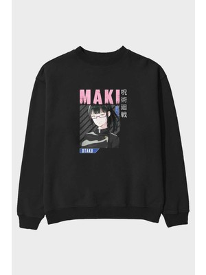 Ankhises Maki Zenin Chaınsawman 1 Anime Ön Baskılı Siyah Oversize Sweatshirt Erkek Kadın Bisiklet Yaka