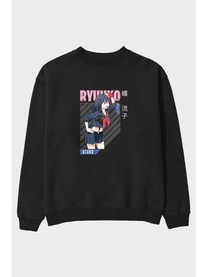 Ankhises Ryuuko Matoi 6 Anime Ön Baskılı Siyah Oversize Sweatshirt Erkek Kadın Bisiklet Yaka