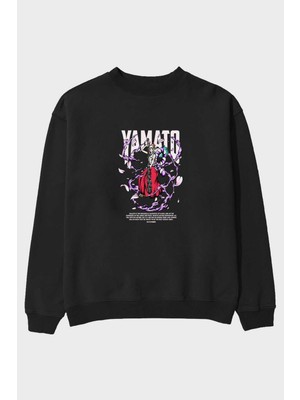 Ankhises Yamato Anime Ön Baskılı Siyah Oversize Sweatshirt Erkek Kadın Bisiklet Yaka