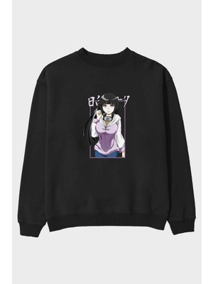 Ankhises Hinata Naruto Anime Ön Baskılı Siyah Oversize Sweatshirt Erkek Kadın Bisiklet Yaka