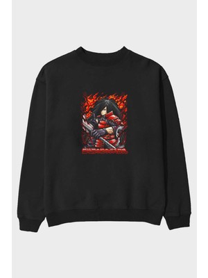 Ankhises Naruto (12) Anime Ön Baskılı Siyah Oversize Sweatshirt Erkek Kadın Bisiklet Yaka
