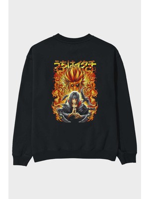 Ankhises Naruto Itachı Uchıha Anime Arka Baskılı Siyah Oversize Sweatshirt Erkek Kadın Bisiklet Yaka
