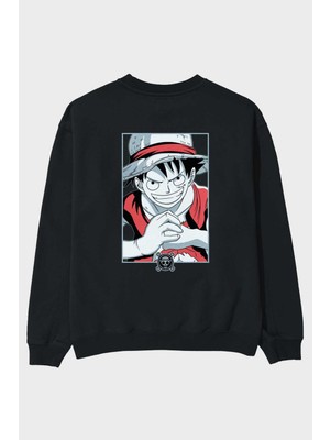 Ankhises Luff D. Monkey Onepiece Anime Arka Baskılı Siyah Oversize Sweatshirt Erkek Kadın Bisiklet Yaka