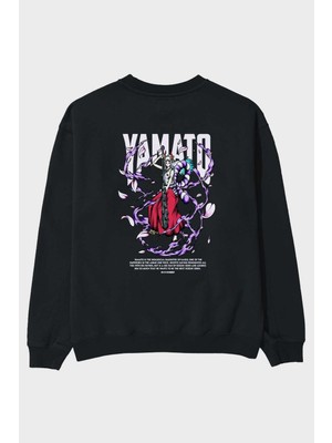 Ankhises Yamato Anime Arka Baskılı Siyah Oversize Sweatshirt Erkek Kadın Bisiklet Yaka