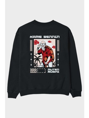 Ankhises Kame Sennin Arka Baskılı Siyah Oversize Sweatshirt Erkek Kadın Bisiklet Yaka
