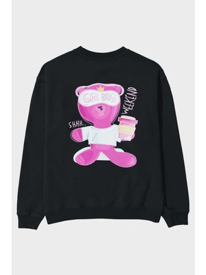 Ankhises Girl Boss Bear Arka Baskılı Siyah Oversize Sweatshirt Erkek Kadın Bisiklet Yaka