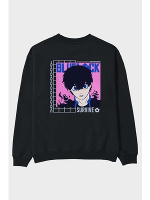 Ankhises Bluelock Arka Baskılı Siyah Oversize Sweatshirt Erkek Kadın Bisiklet Yaka