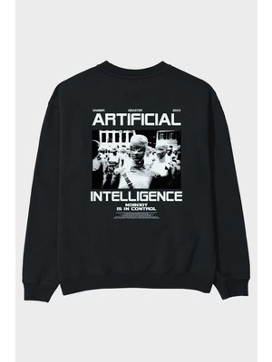 Ankhises Artificial Intelligence Arka Baskılı Siyah Oversize Sweatshirt Erkek Kadın Bisiklet Yaka