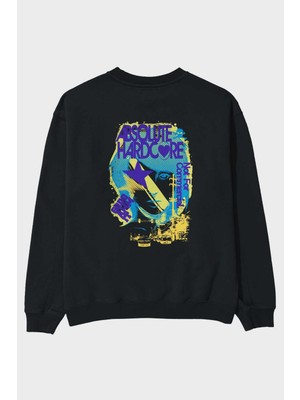 Ankhises Absolute Hardcore Arka Baskılı Siyah Oversize Sweatshirt Erkek Kadın Bisiklet Yaka