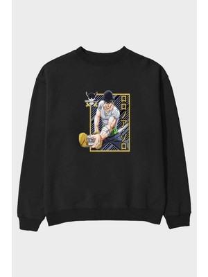 Ankhises Roronoa Zoro Anime Ön Baskılı Siyah Oversize Sweatshirt Erkek Kadın Bisiklet Yaka