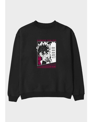 Ankhises Tanjıro Kamado 3 Anime Ön Baskılı Siyah Oversize Sweatshirt Erkek Kadın Bisiklet Yaka