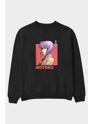 Ankhises Motoko Kusanagi 12 Anime Ön Baskılı Siyah Oversize Sweatshirt Erkek Kadın Bisiklet Yaka