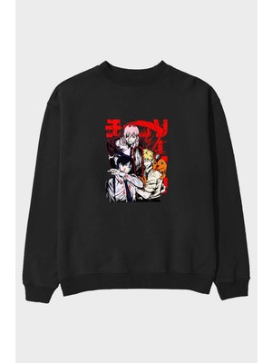 Ankhises Chaınsawman Crew Anime Ön Baskılı Siyah Oversize Sweatshirt Erkek Kadın Bisiklet Yaka