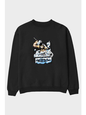 Ankhises Zabuza Momochi Anime Ön Baskılı Siyah Oversize Sweatshirt Erkek Kadın Bisiklet Yaka