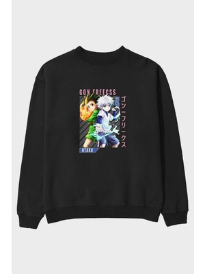 Ankhises Gon Freecss Hunter x Hunter 1 Anime Ön Baskılı Siyah Oversize Sweatshirt Erkek Kadın Bisiklet Yaka