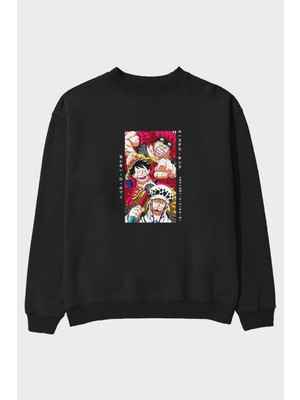 Ankhises Super Novas One Piece Anime Ön Baskılı Siyah Oversize Sweatshirt Erkek Kadın Bisiklet Yaka