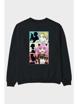 Ankhises Spy x Famıly Anime Arka Baskılı Siyah Oversize Sweatshirt Erkek Kadın Bisiklet Yaka