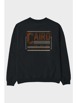 Ankhises Cairo Arka Baskılı Siyah Oversize Sweatshirt Erkek Kadın Bisiklet Yaka