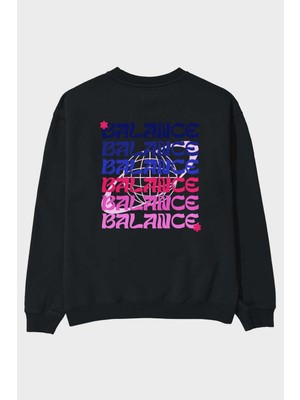Ankhises Balance Yazılı Arka Baskılı Siyah Oversize Sweatshirt Erkek Kadın Bisiklet Yaka