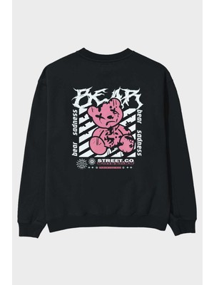Ankhises Bear Sadness Arka Baskılı Siyah Oversize Sweatshirt Erkek Kadın Bisiklet Yaka