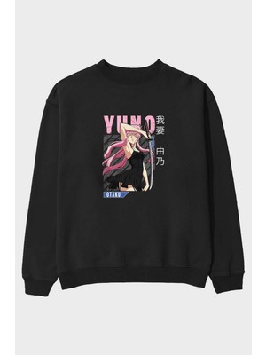 Ankhises Yuno Gasai 5 Anime Ön Baskılı Siyah Oversize Sweatshirt Erkek Kadın Bisiklet Yaka
