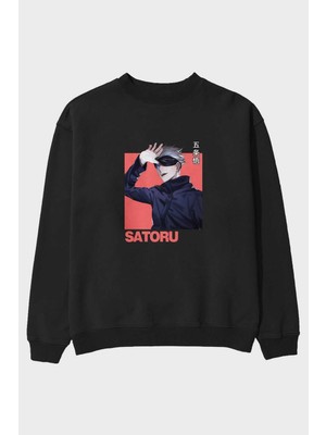 Ankhises Satoru Gojo 2 Anime Ön Baskılı Siyah Oversize Sweatshirt Erkek Kadın Bisiklet Yaka