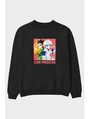 Ankhises Gon Freecss Hunter x Hunter 4 Anime Ön Baskılı Siyah Oversize Sweatshirt Erkek Kadın Bisiklet Yaka