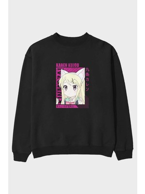 Ankhises Karen Kujou 4 Anime Ön Baskılı Siyah Oversize Sweatshirt Erkek Kadın Bisiklet Yaka