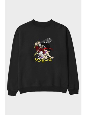 Ankhises Luffyacekaido Anime Ön Baskılı Siyah Oversize Sweatshirt Erkek Kadın Bisiklet Yaka
