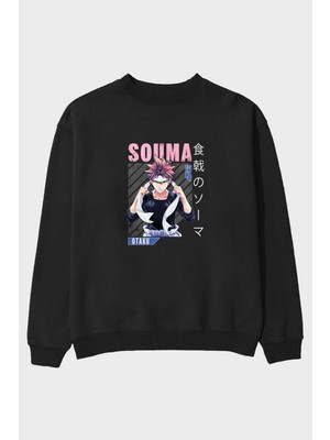 Ankhises Souma Yukihira 8 Anime Ön Baskılı Siyah Oversize Sweatshirt Erkek Kadın Bisiklet Yaka