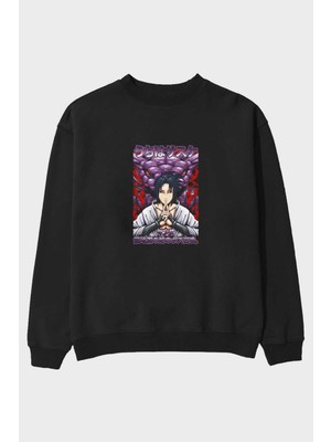 Ankhises Naruto Sasuke Uchıha Anime Ön Baskılı Siyah Oversize Sweatshirt Erkek Kadın Bisiklet Yaka