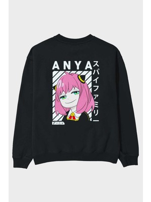 Ankhises Anya Spyx Famıly Anime Arka Baskılı Siyah Oversize Sweatshirt Erkek Kadın Bisiklet Yaka