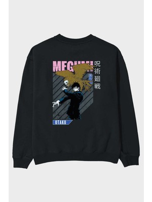 Ankhises Megumi Fushiguro 2 Anime Arka Baskılı Siyah Oversize Sweatshirt Erkek Kadın Bisiklet Yaka