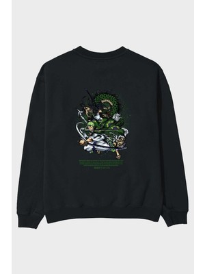 Ankhises Zoro-One Pıece Anime Arka Baskılı Siyah Oversize Sweatshirt Erkek Kadın Bisiklet Yaka