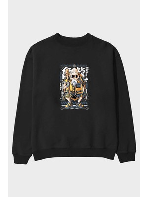 Ankhises Roshi New Anime Ön Baskılı Siyah Oversize Sweatshirt Erkek Kadın Bisiklet Yaka