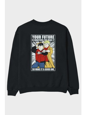 Ankhises Back To The Future Jong Un Arka Baskılı Siyah Oversize Sweatshirt Erkek Kadın Bisiklet Yaka