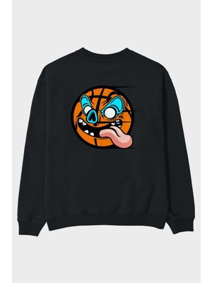 Ankhises Basketball Arka Baskılı Siyah Oversize Sweatshirt Erkek Kadın Bisiklet Yaka