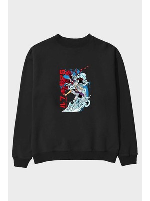 Ankhises Monkey D. Luffy Gear5 2 Anime Ön Baskılı Siyah Oversize Sweatshirt Erkek Kadın Bisiklet Yaka