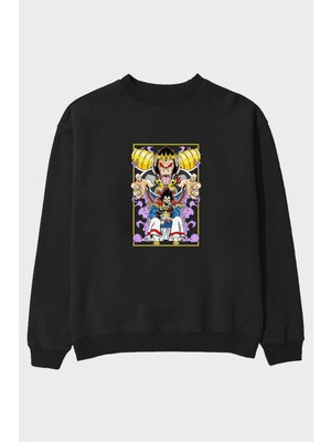 Ankhises Dragonball Reyvegeta Anime Ön Baskılı Siyah Oversize Sweatshirt Erkek Kadın Bisiklet Yaka