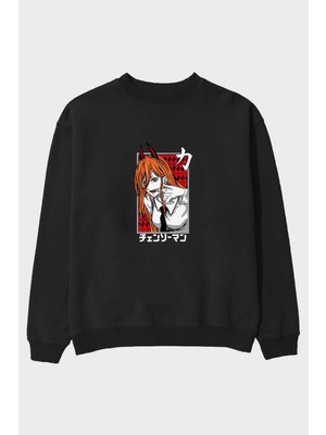Ankhises Chaınsawman Power Anime Ön Baskılı Siyah Oversize Sweatshirt Erkek Kadın Bisiklet Yaka